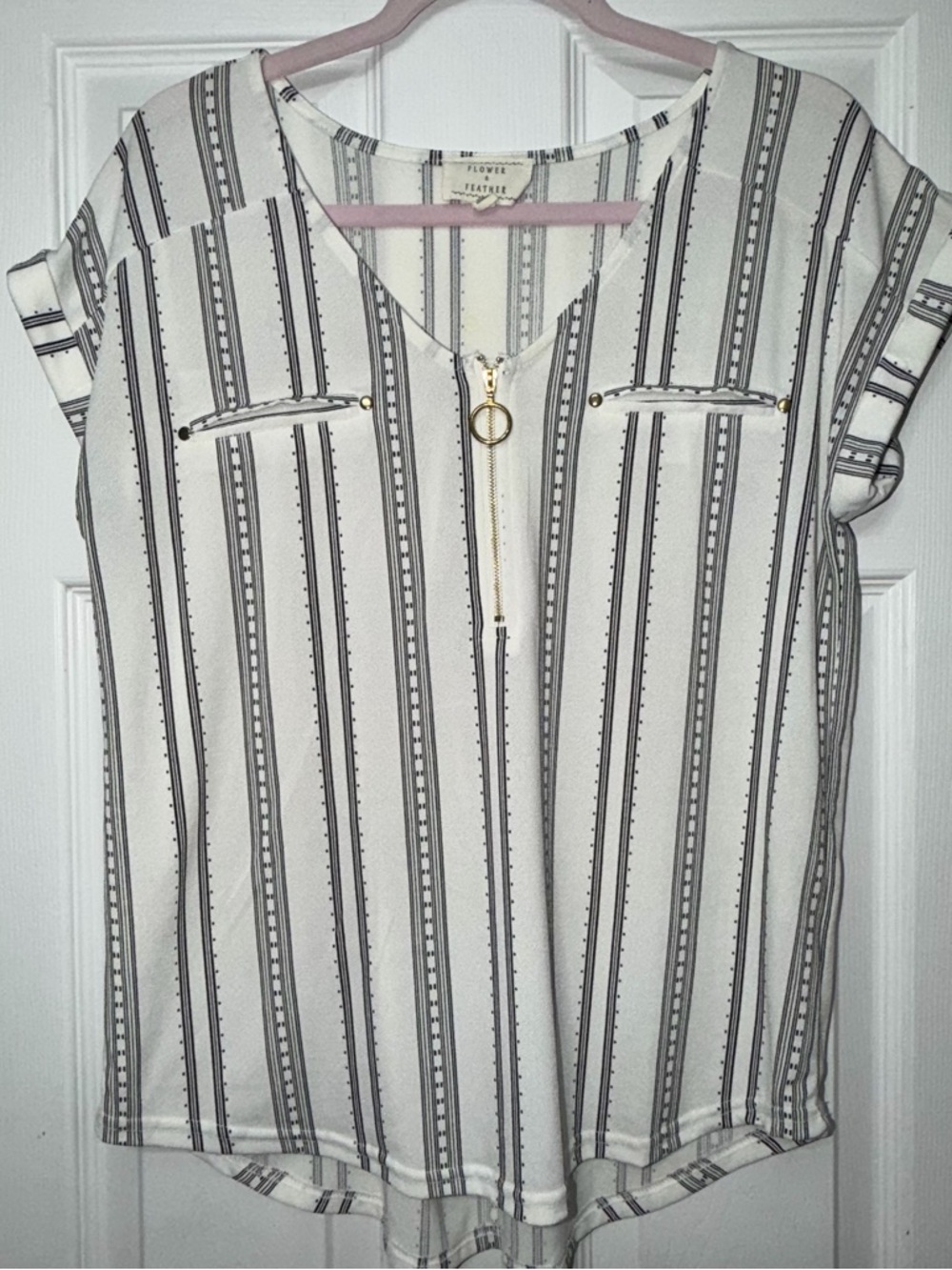 Flower & Feather Striped Quarter Zip Blouse